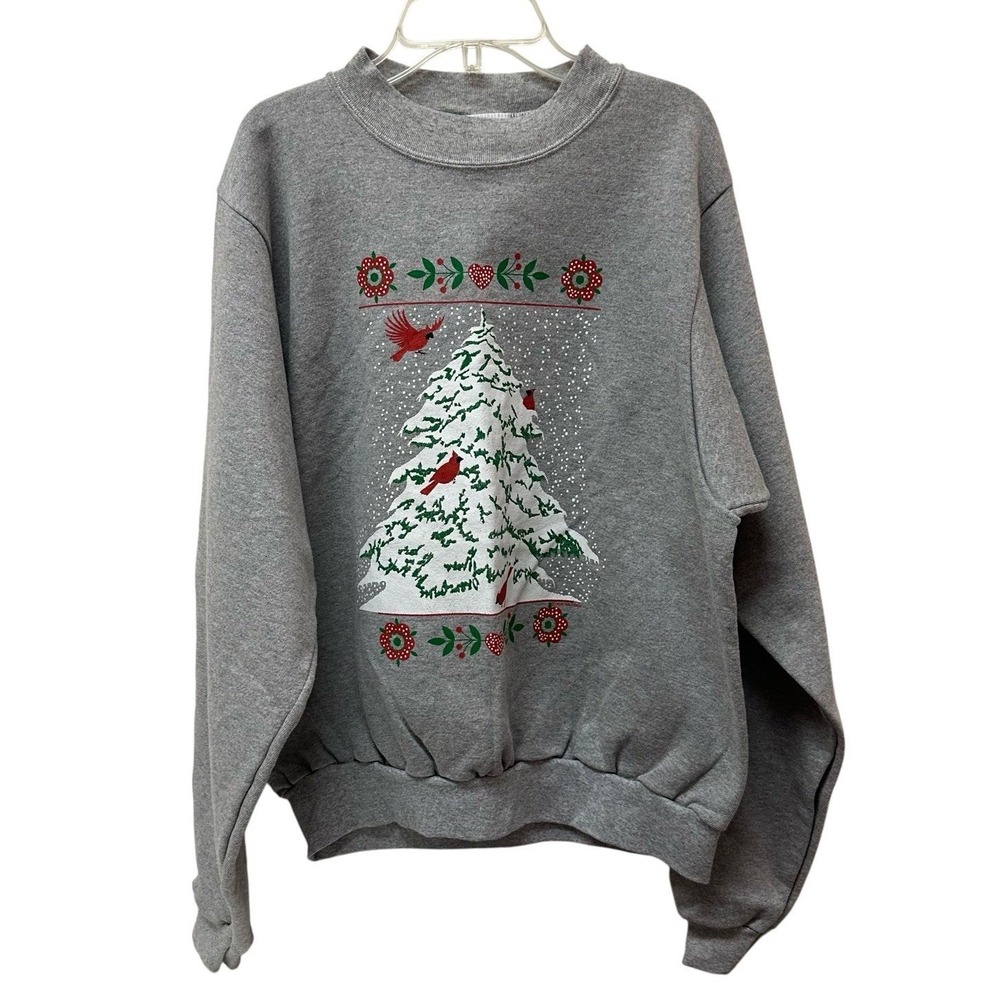 Vintage 90's Birds Christmas Tree Sweatshirt Graphic Print L Made In USA NEW NOS